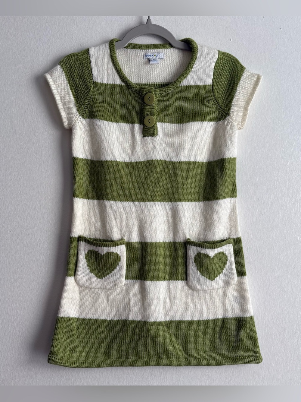 Greendog Green/White Striped Knit Sweater Dress Girls 6X Heart Pockets